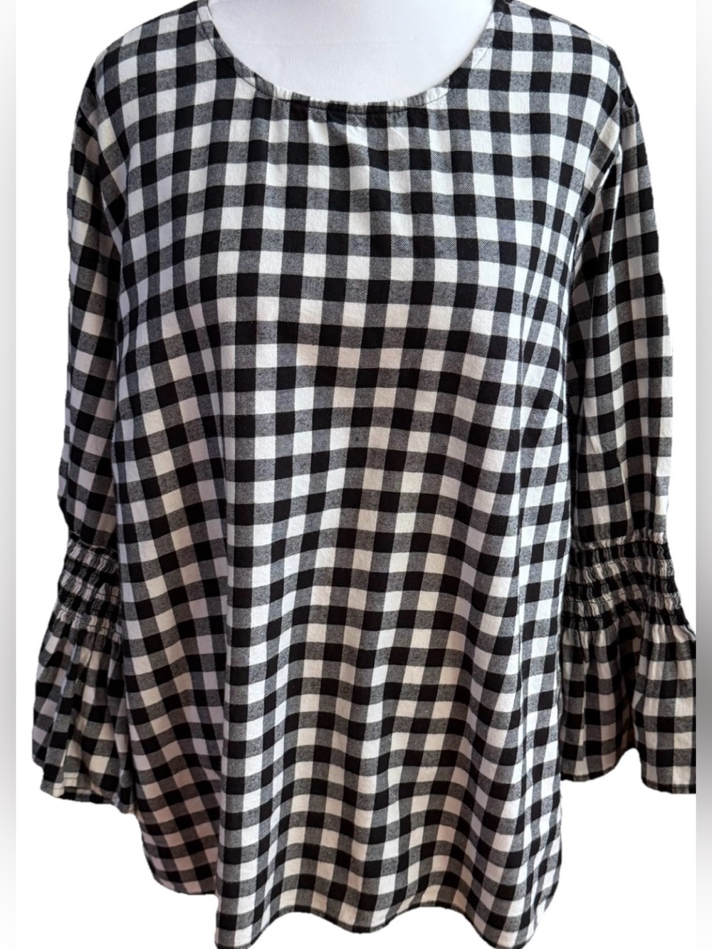 BEACH LUNCH LOUNGE Black + White Check Top Blouse With Long Bell Sleeves  XL